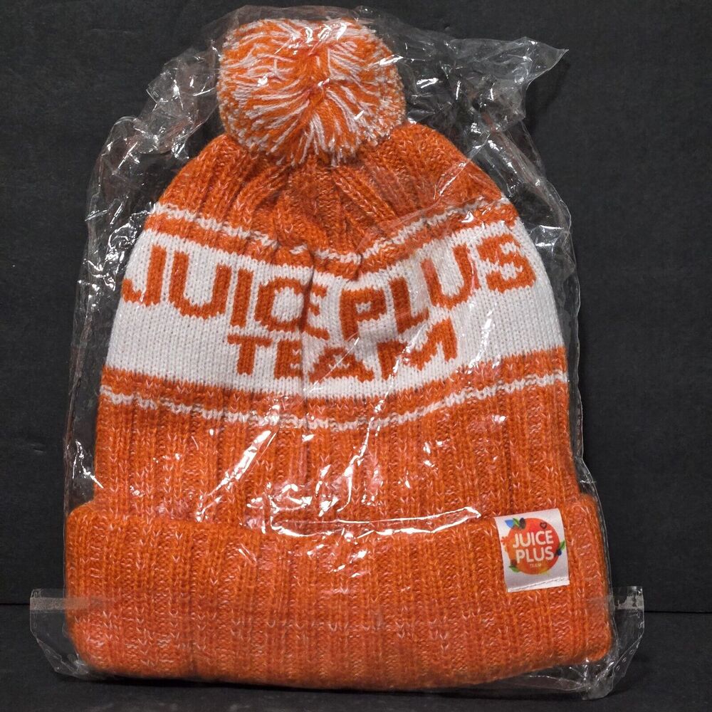 Juice‎ Plus Team Store~Orange/White Lined Knit Pom Pom Winter Hat Cap OSFA Adult